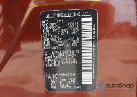 2017 Nissan Armada Sl from USA, damaged, VIN JN8AY2ND3H9007931